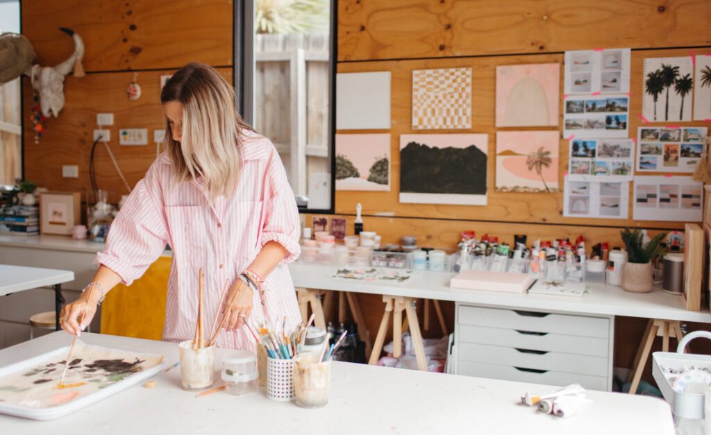 Torquay based artist Penny Byrne at work in her studio | brand photos by Bobby Dazzler photography