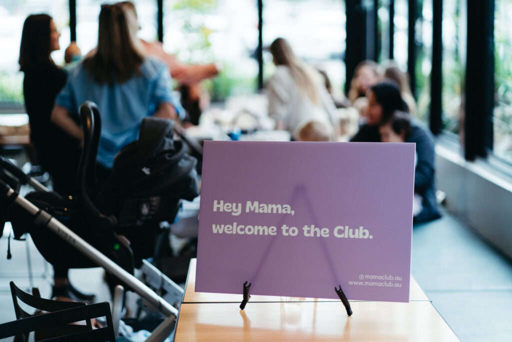 MamaClub purple sign welcoming Surf Coast and Geelong mums to a social meetup event at Sou'West Brewery, Torquay.