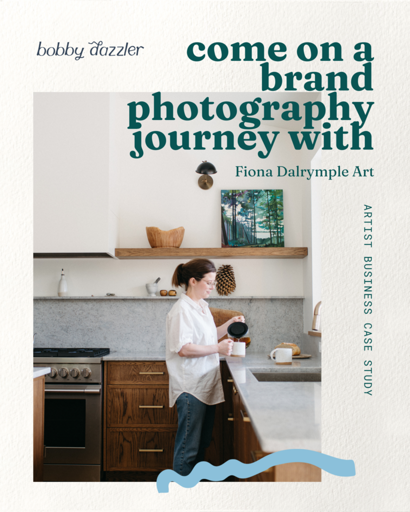 Fiona Dalrymple making a pot of tea in her kitchen with her art hanging behind her. Text reads 'come on a brand photography journey with Fiona Dalrymple Art' by Bobby Dazzler Photography.