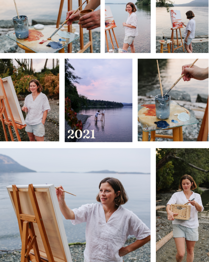 8 photos from a sunset en plein air painting brand photography session collaboration between Bobby Dazzler Photography and Fiona Dalrymple Art. Fiona stands in the water painting at her easel.