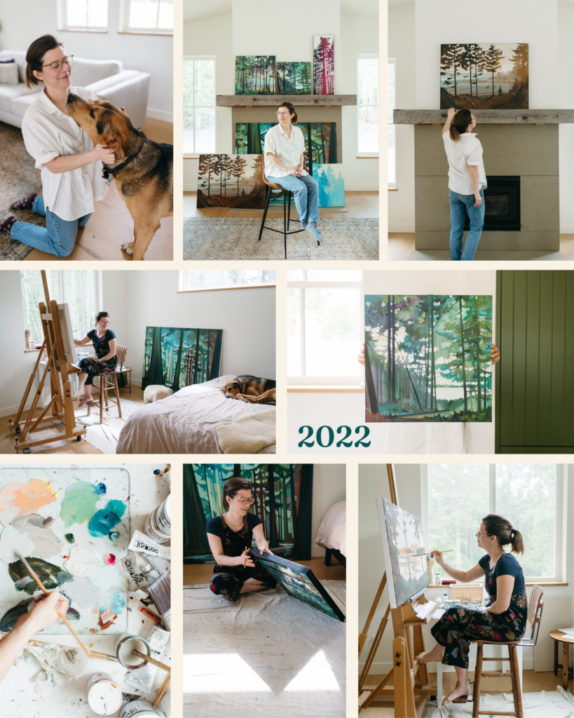 A snapshot of Fiona Dalrymple Art's brand photography gallery with Bobby Dazzler photography. The images show Fiona working on her paintings at home.